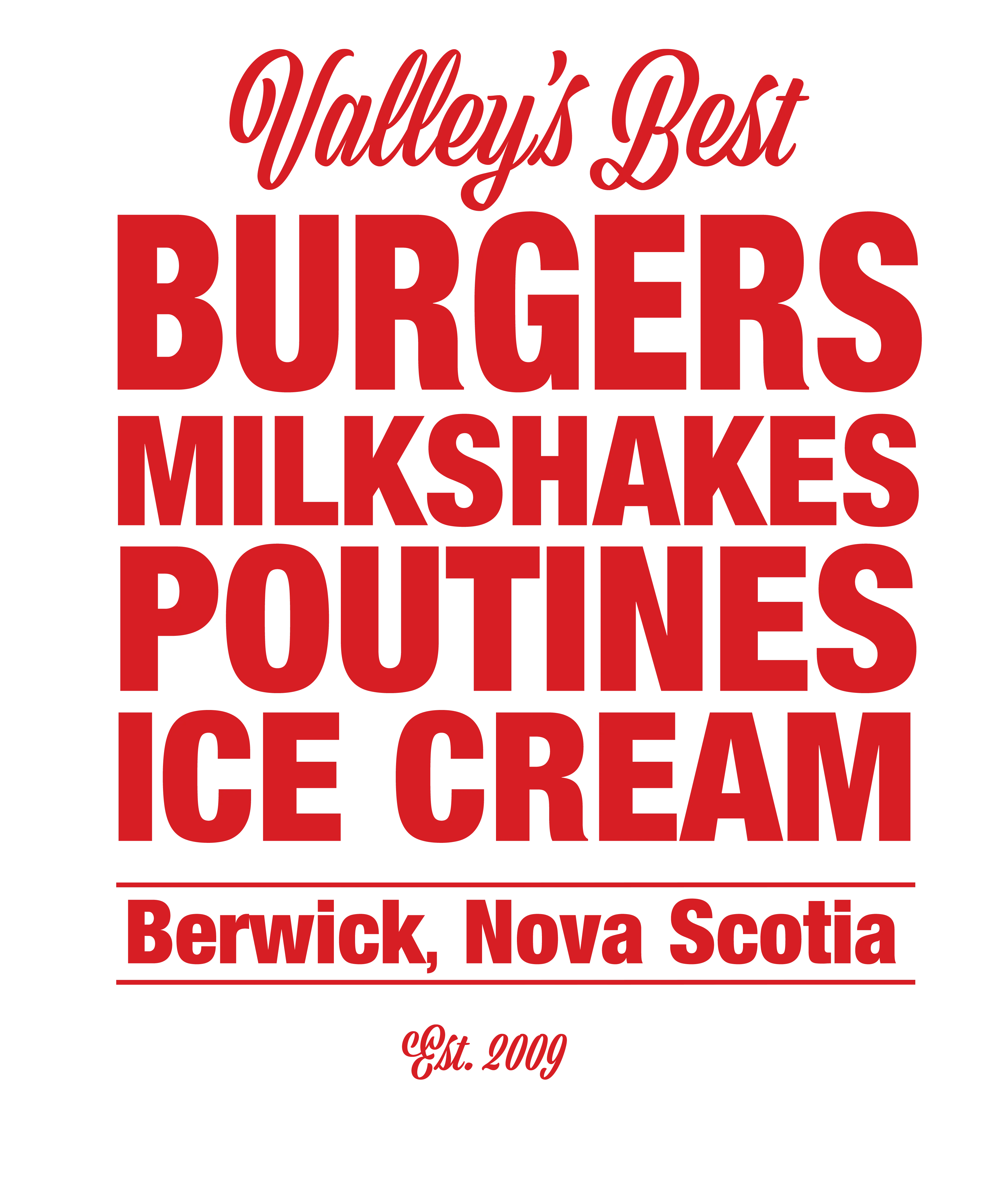 burgers, milkshakes, poutines, ice cream