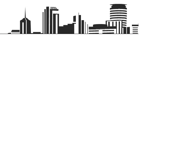Silhouette of a modern city skyline with diverse architectural styles.