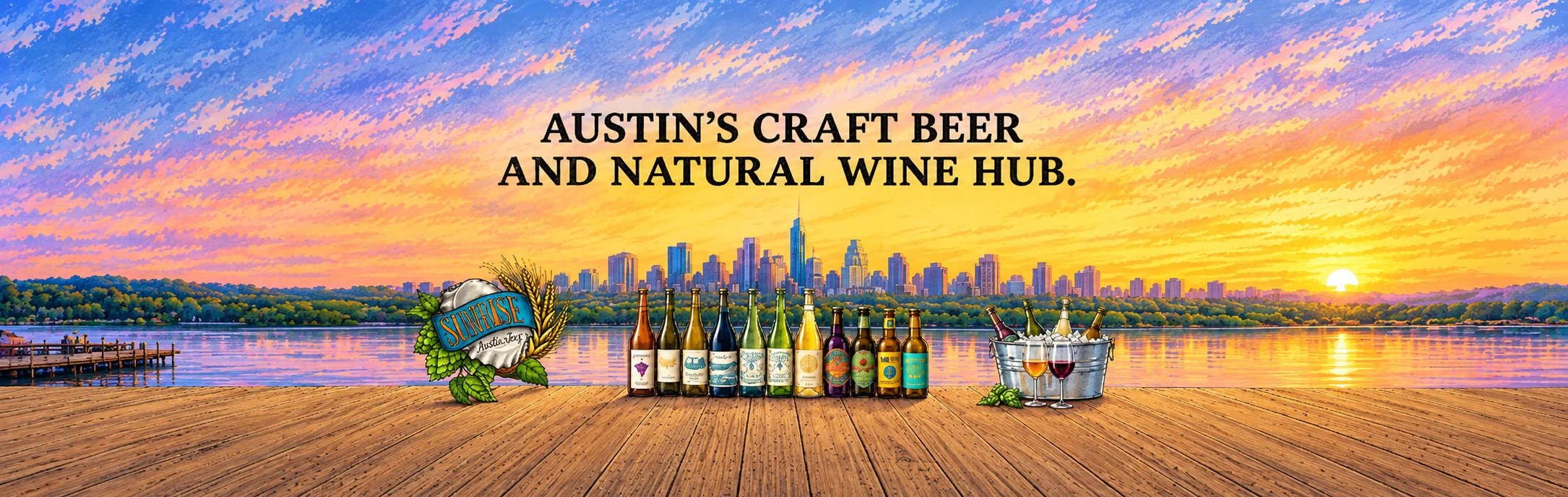 Selection of craft beers and natural wines against an Austin skyline backdrop