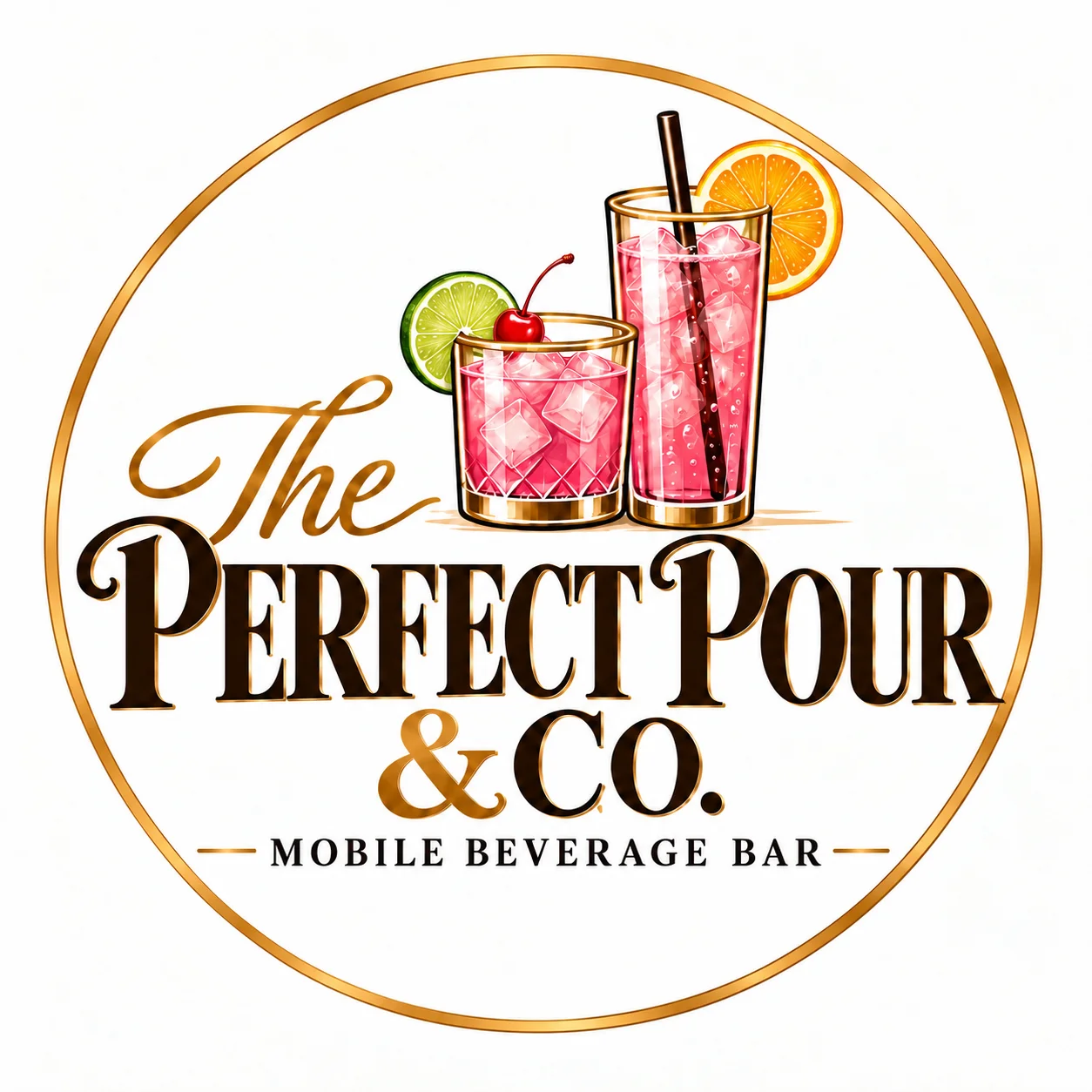 A colorful logo featuring various drinks, floral designs, and the text 'The Perfect Pour & Co.' with decorative elements.