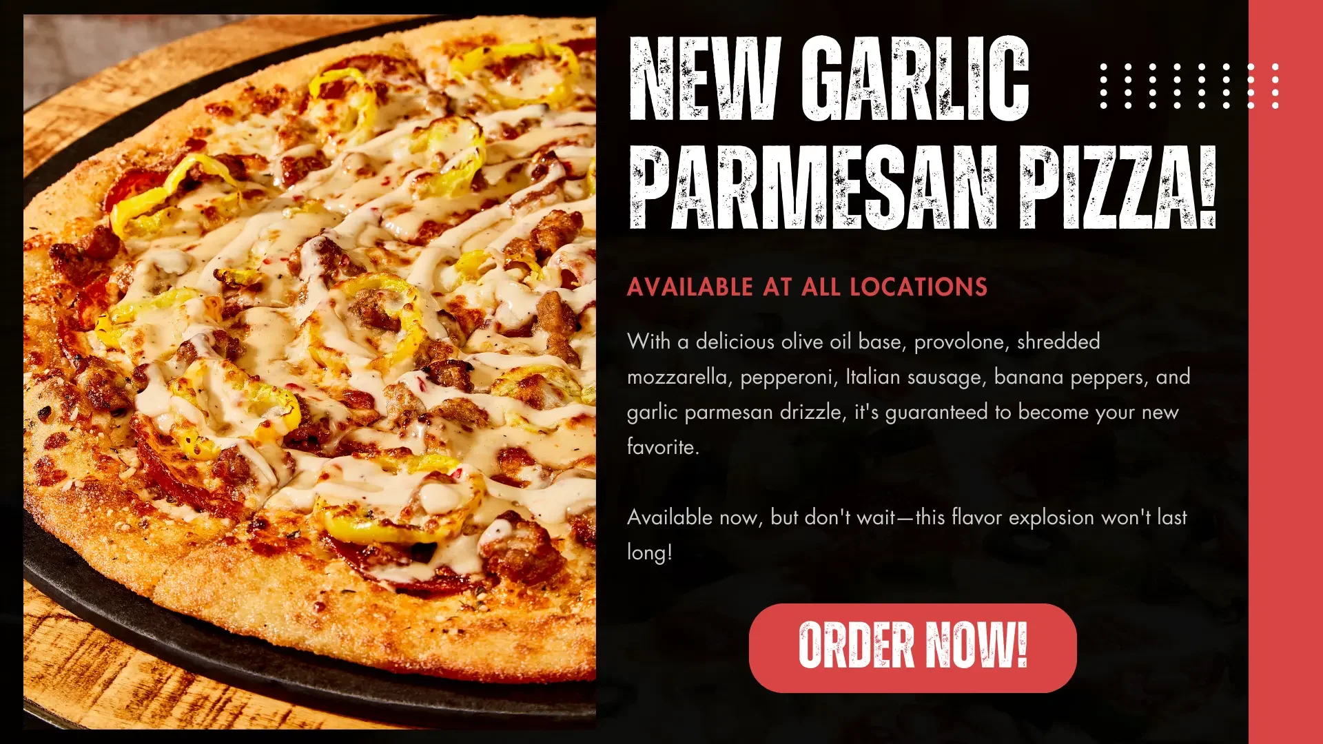 Garlic Parmesan pizza with Italian sausage and banana peppers