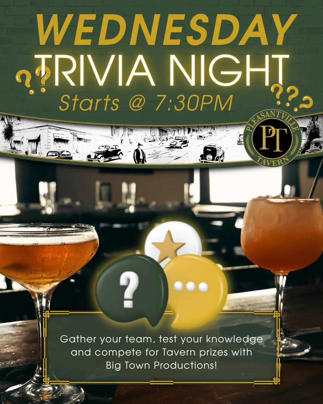 Cozy tavern interior with cocktails and trivia night promotion