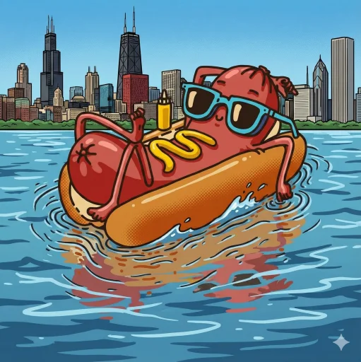 Cartoon hot dog relaxing on a float in a city skyline