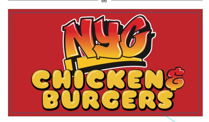 A vibrant logo featuring bold lettering for a food establishment focusing on chicken and burgers. The design prominently includes the text 'NYC Chicken & Burgers' against a red background.