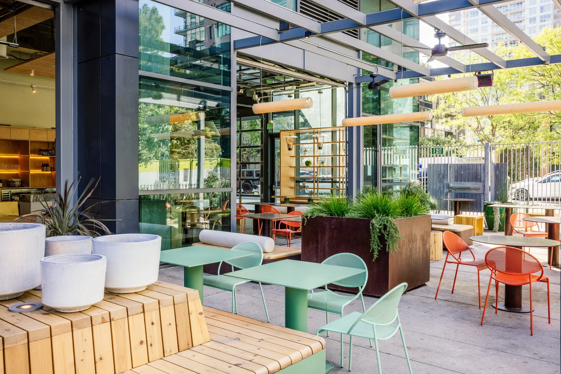 Modern outdoor dining area with stylish furniture
