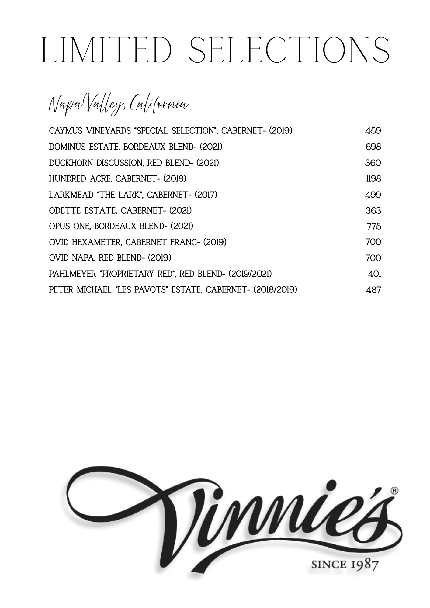 Wine list featuring limited selections from Napa Valley