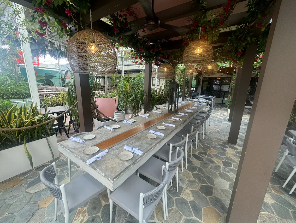 Outdoor dining area with a long stone table set for a meal, surrounded by gray chairs. Hanging lights and lush greenery create a cozy atmosphere.