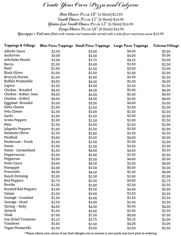 Menu for create your own pizza and calzone with prices and toppings.