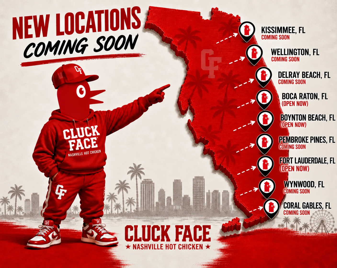 Cluck Face Nashville Hot Chicken expansion map in Florida