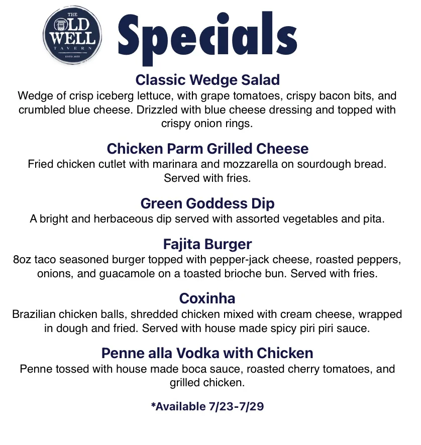 Specials menu featuring diverse American comfort food dishes