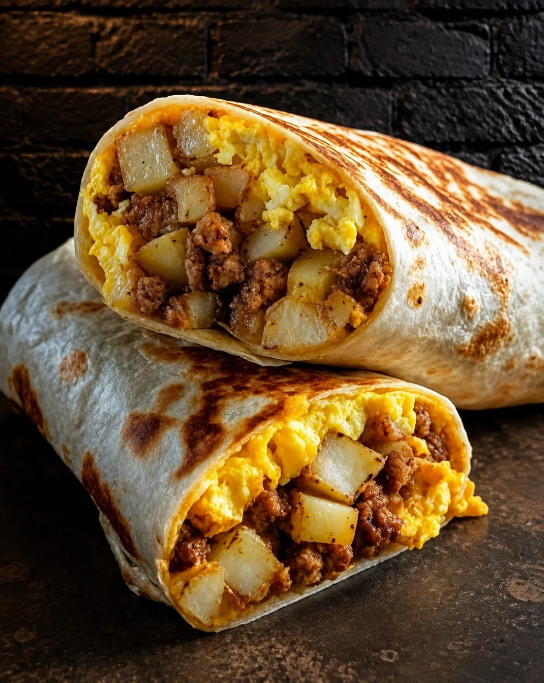 Delicious breakfast burrito filled with eggs and sausage