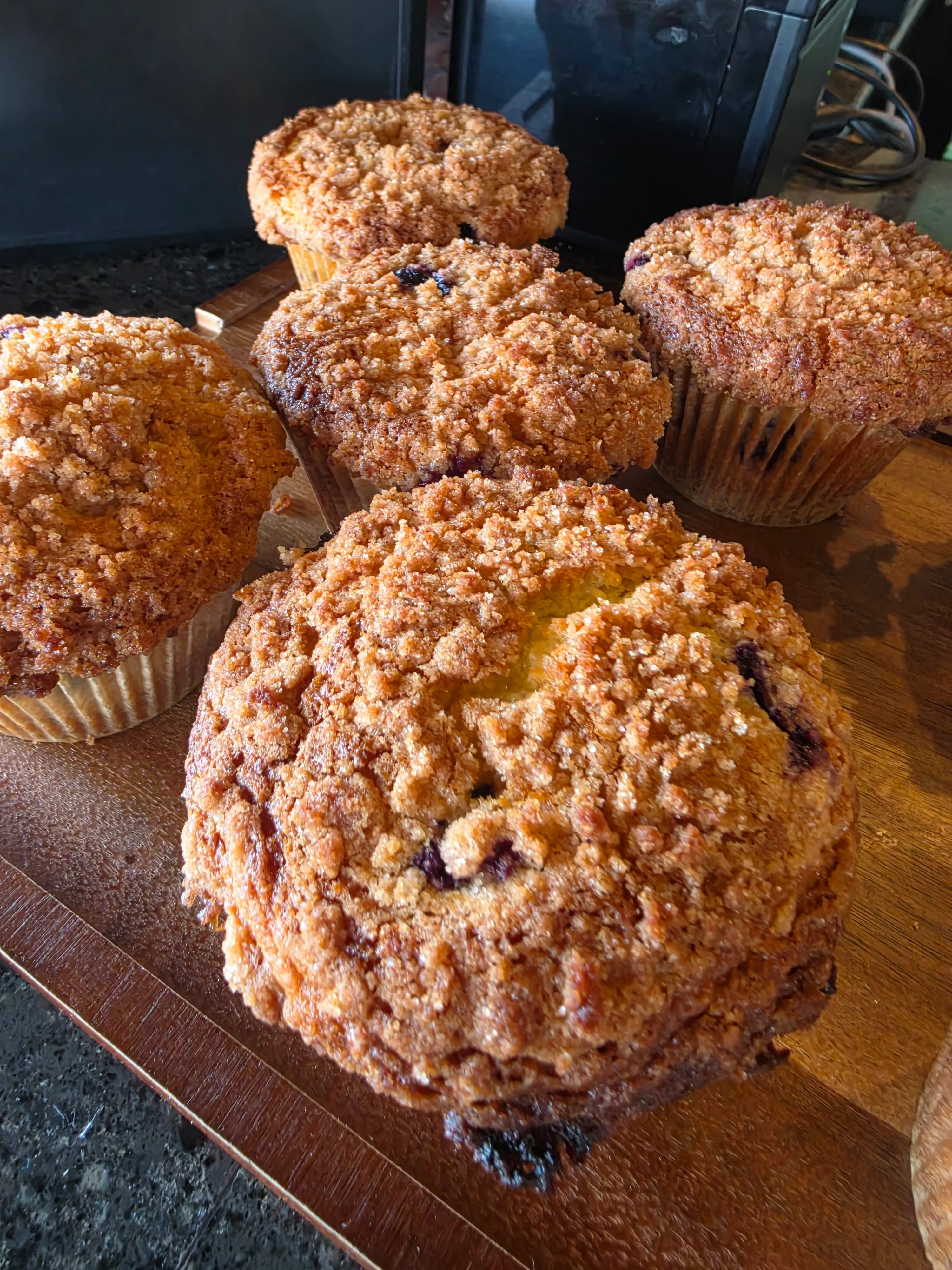 Freshly baked blueberry muffins with crumb topping
