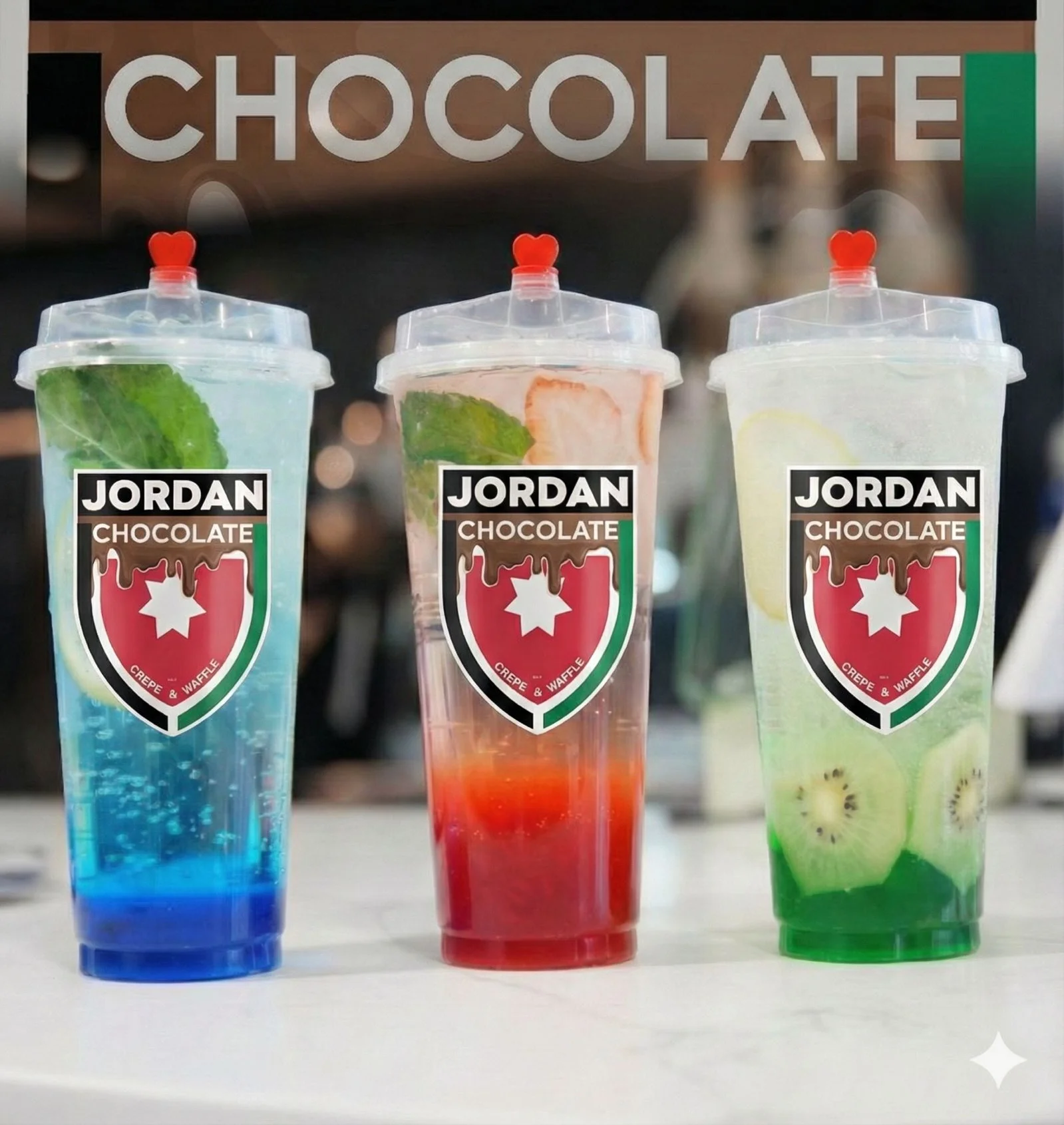 Colorful drinks from Jordan Chocolate cafe with vibrant garnishes