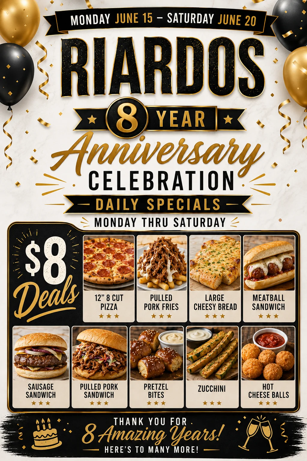 Celebratory menu for Riardos' 8th anniversary with daily food specials