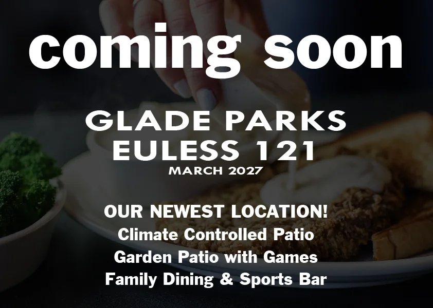 Restaurant location announcement graphic with bold white typography over a plated meal