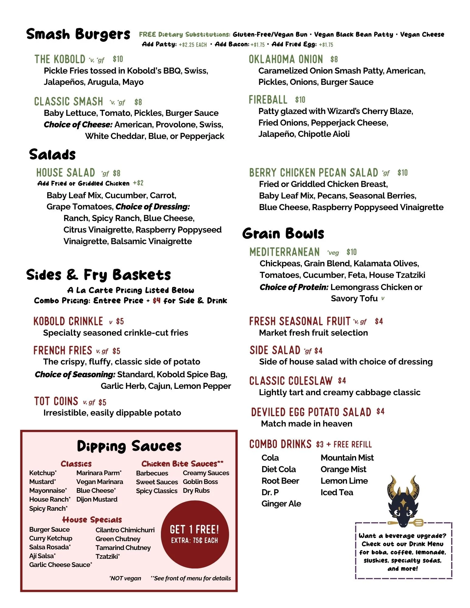 Diverse menu featuring gourmet burgers and salads in a casual dining setting