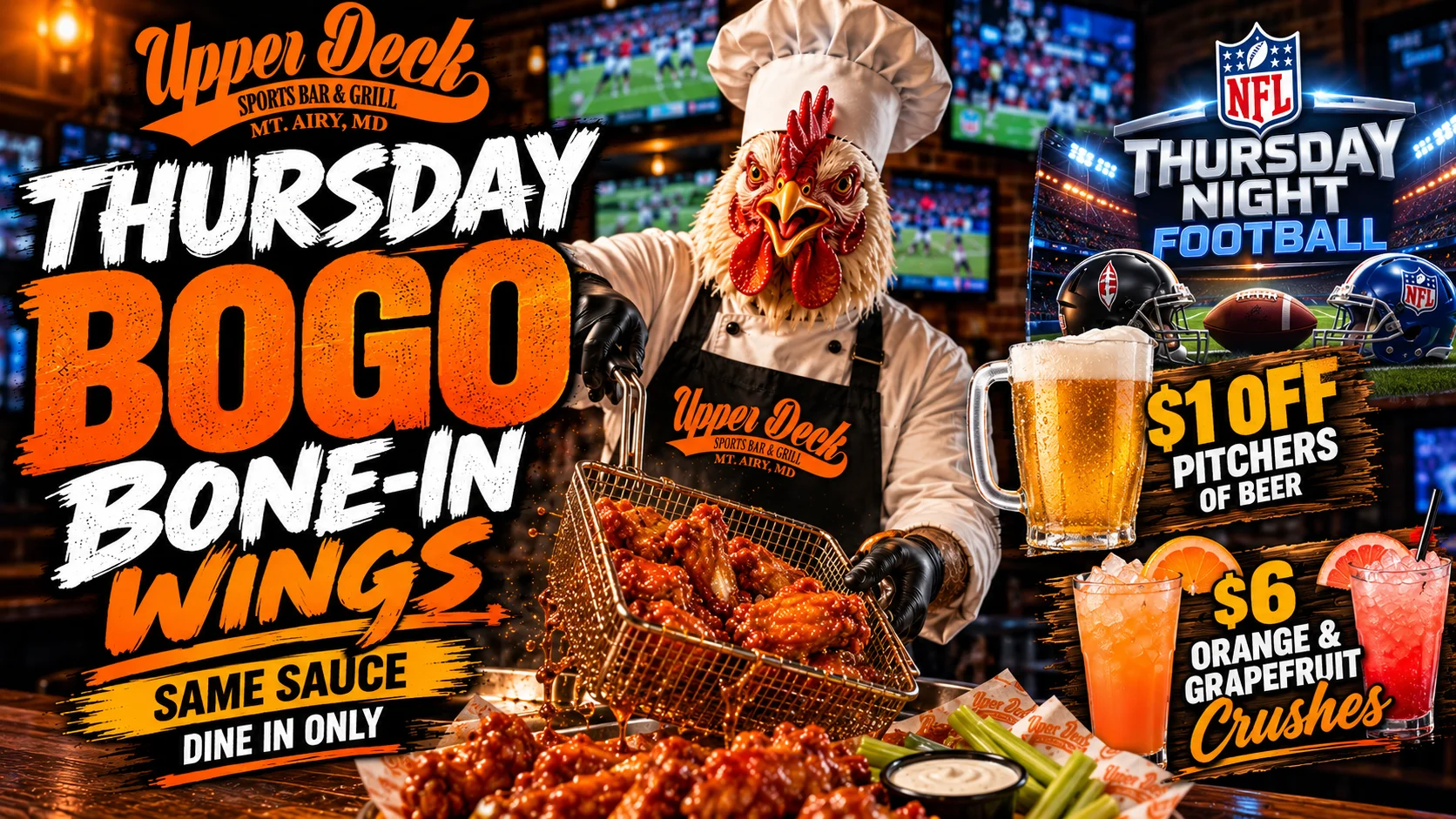 Sports bar promotion featuring buffalo wings, beer pitchers, and football