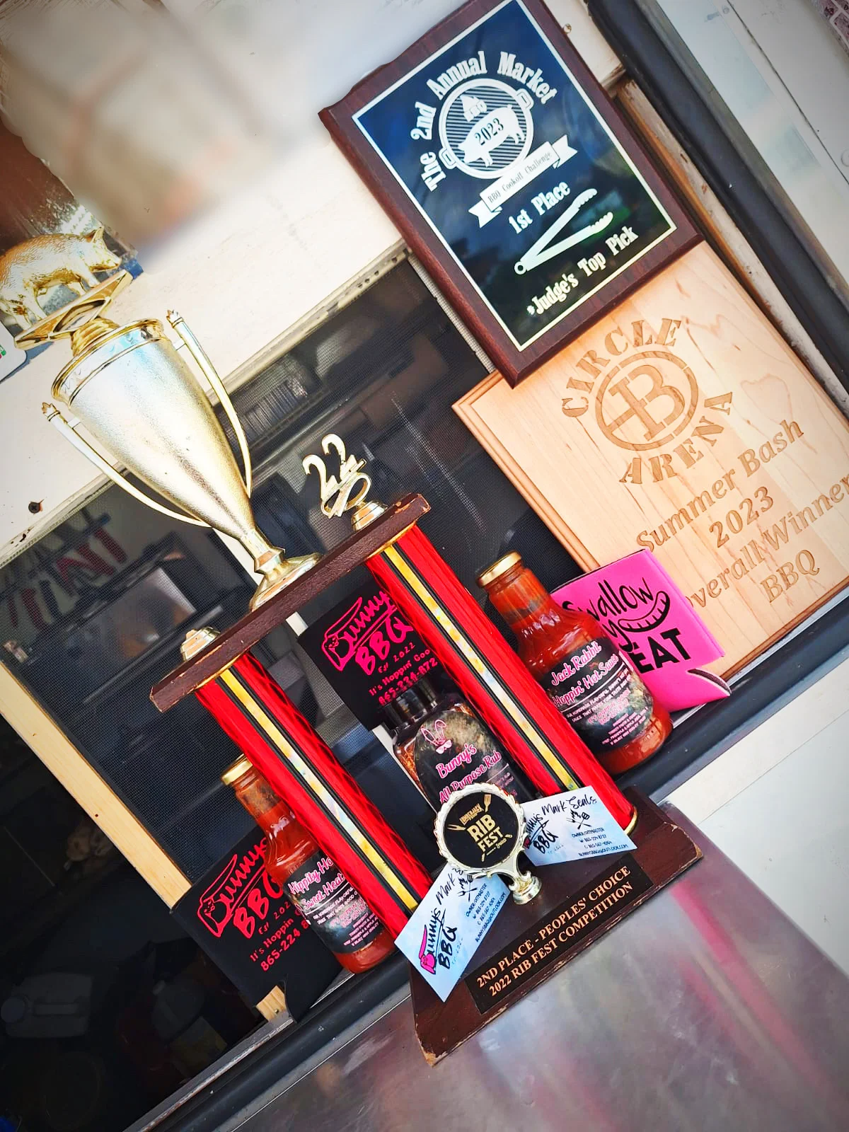 BBQ competition trophies and awards display