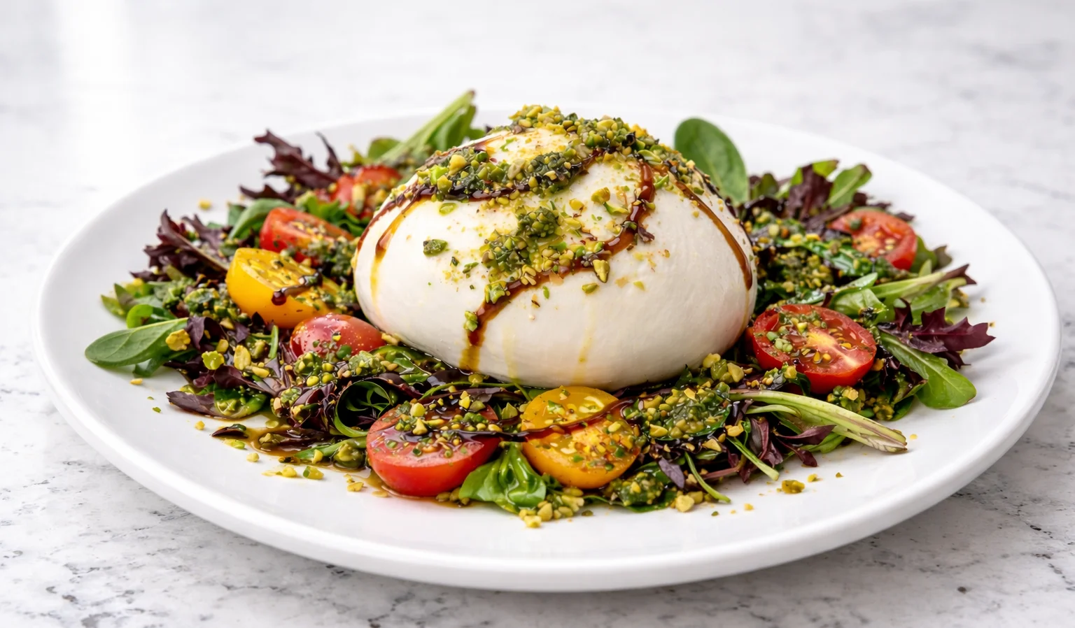 Arugula and burrata pizza with cherry tomatoes