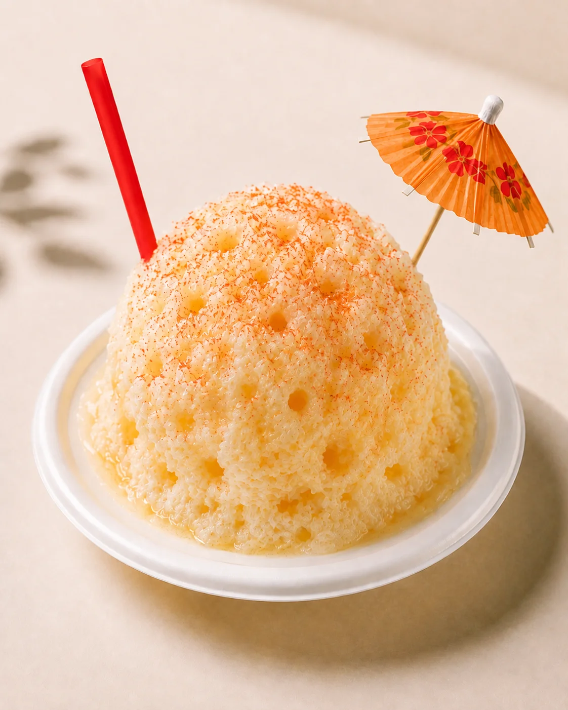 A bowl of flavored shaved ice topped with a decorative umbrella and a straw. The texture is fluffy and light, with a warm yellow color.