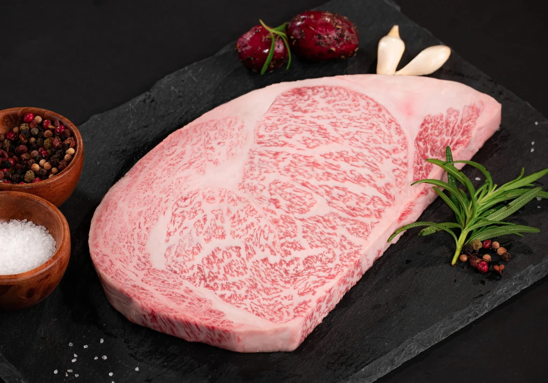 Premium Japanese Wagyu beef on a slate board