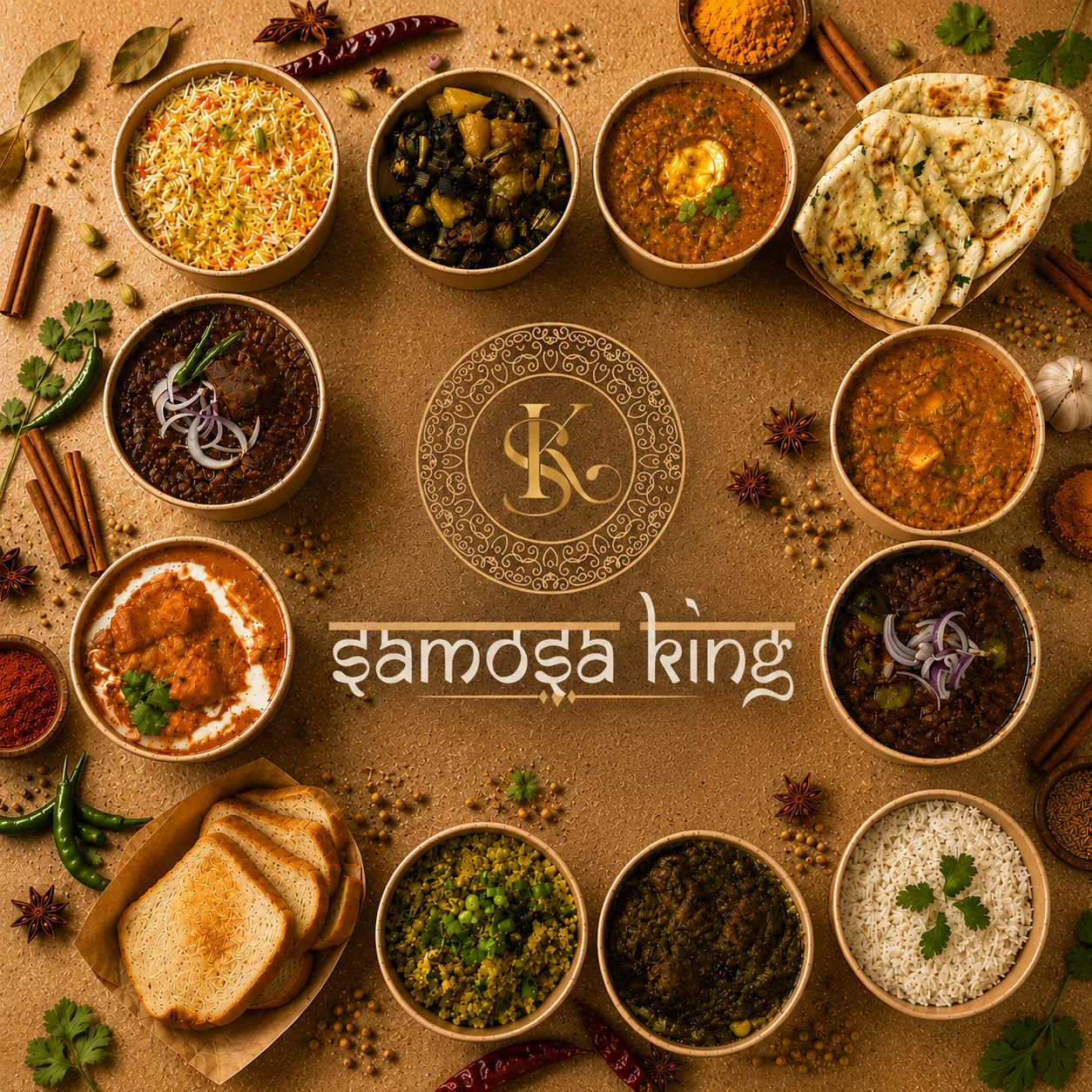 An assortment of Indian dishes and breads from Samosa King.