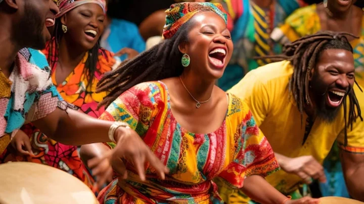 Vibrant African dance performance with joyful participants
