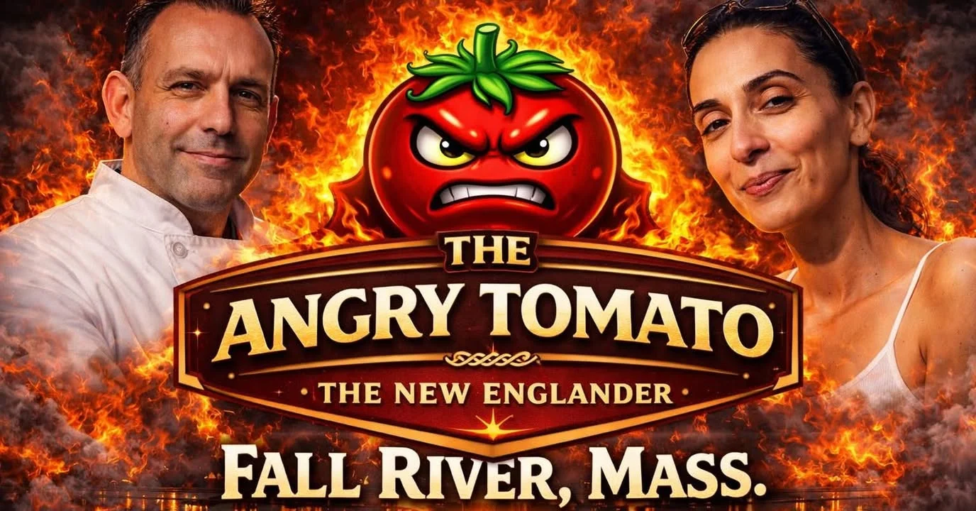 A promotional image featuring a fiery logo with characters and the title 'The Angry Tomato' set against a dramatic background.
