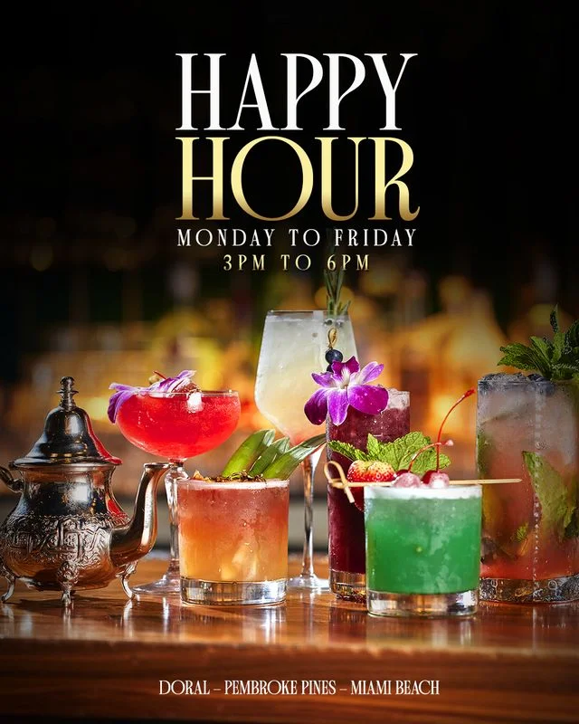 Sufrat Grill happy hour poster featuring colorful cocktails.