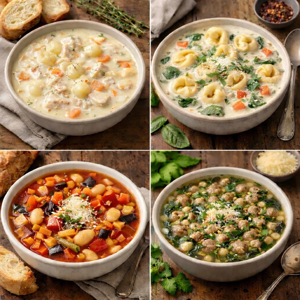 A collage of four bowls of various hearty soups, showcasing ingredients like pasta, vegetables, and herbs.