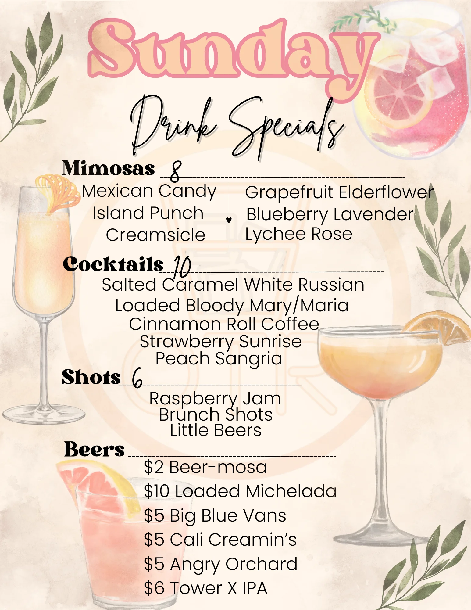 Sunday drink specials menu featuring cocktails and mimosas