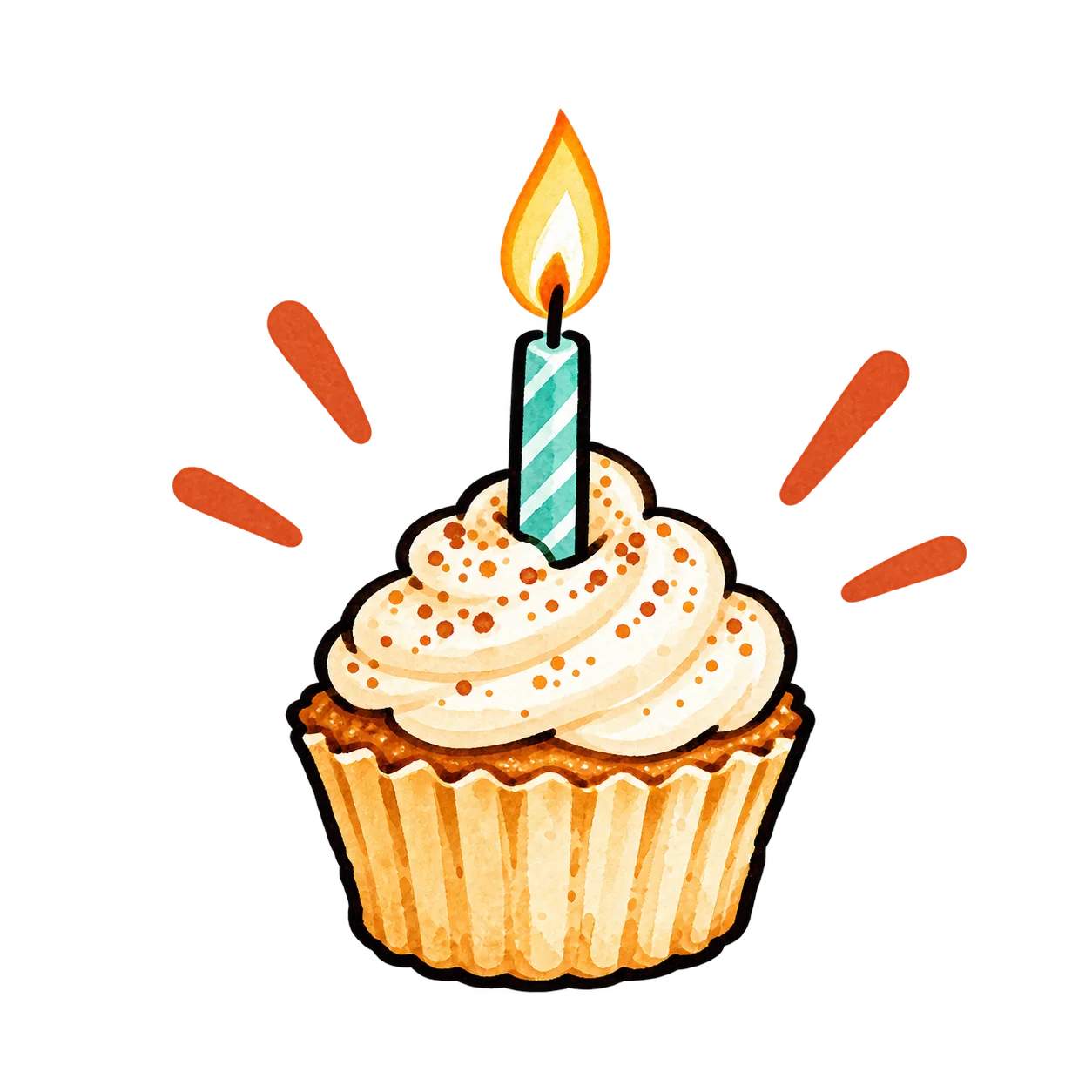 Illustrated birthday cupcake with frosting, sprinkles, and a lit candle