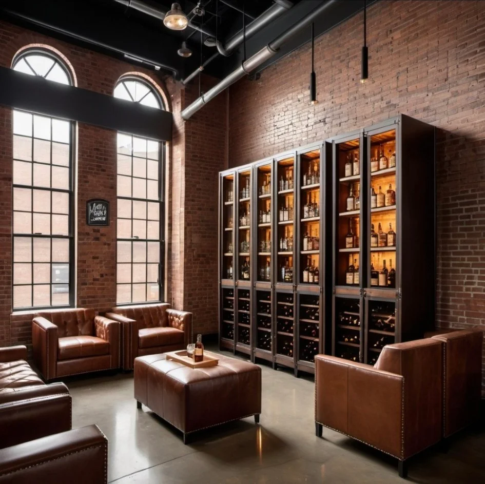 Stylish lounge with leather seating and whiskey display