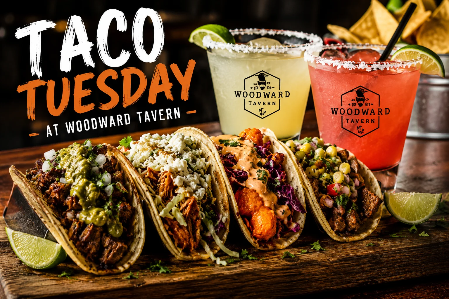 Taco Tuesday at Woodward Tavern featuring assorted tacos and margaritas in Mount Pleasant, SC