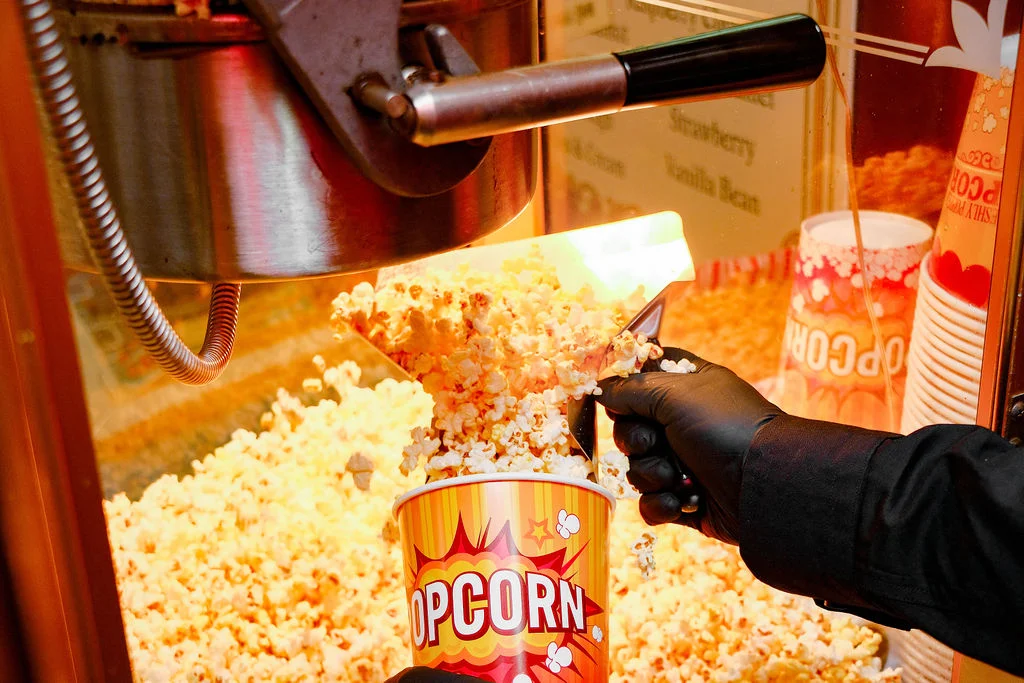 Freshly popped popcorn in a movie theater