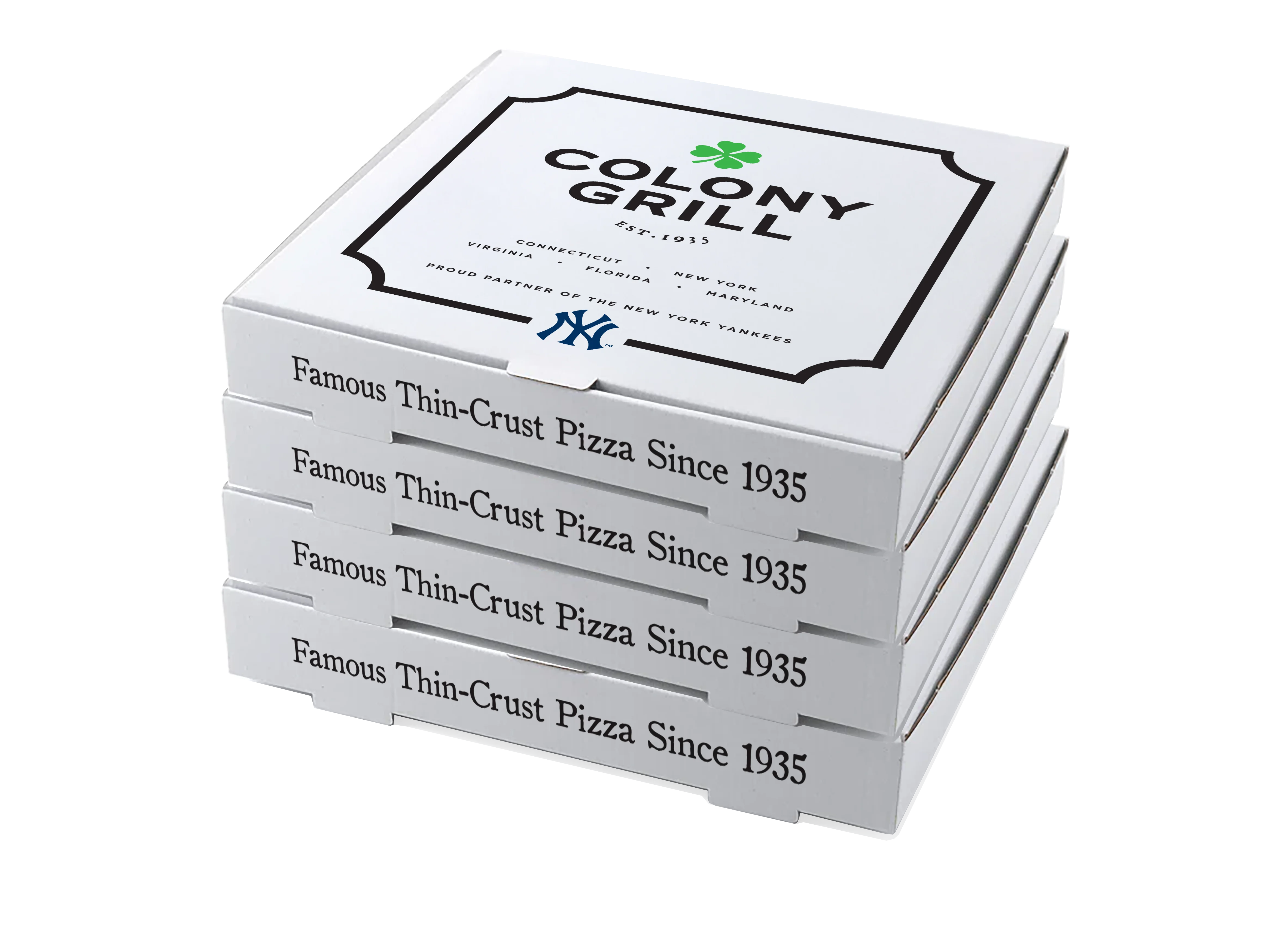 Stack of Colony Grill pizza boxes featuring thin-crust pizza