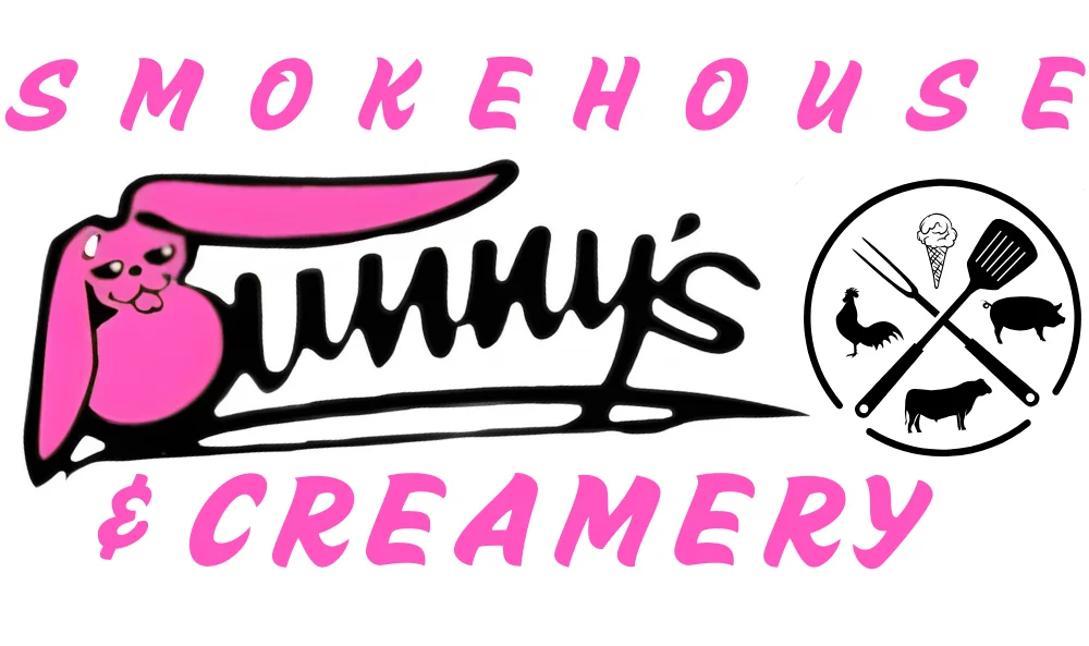 Logo of Bunny's Smokehouse & Creamery featuring a pink rabbit