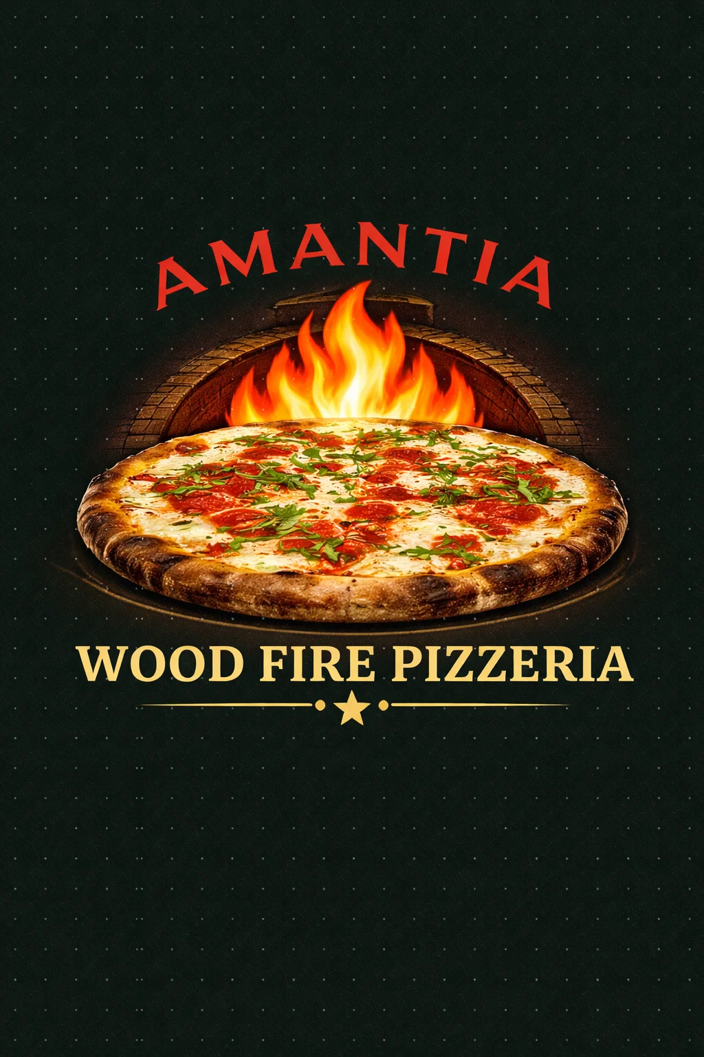 A wood-fired pizza featuring toppings such as pepperoni and fresh herbs, displayed prominently against a dark background with flames in the backdrop.