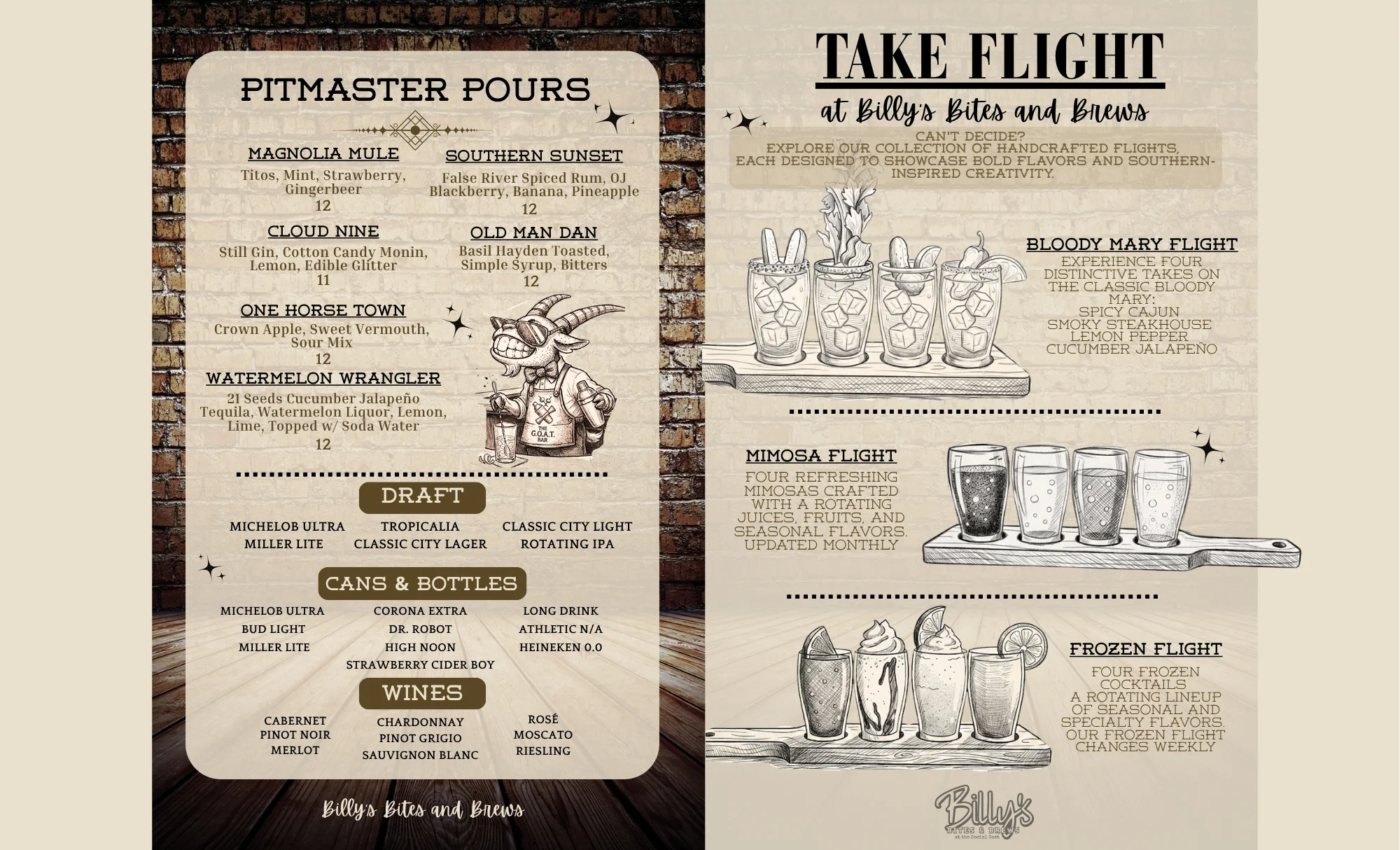 Cocktail menu featuring Southern-inspired drinks and flights at a rustic bar