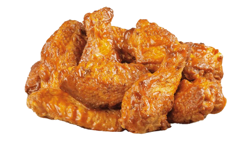 Crispy buffalo chicken wings served in a pile
