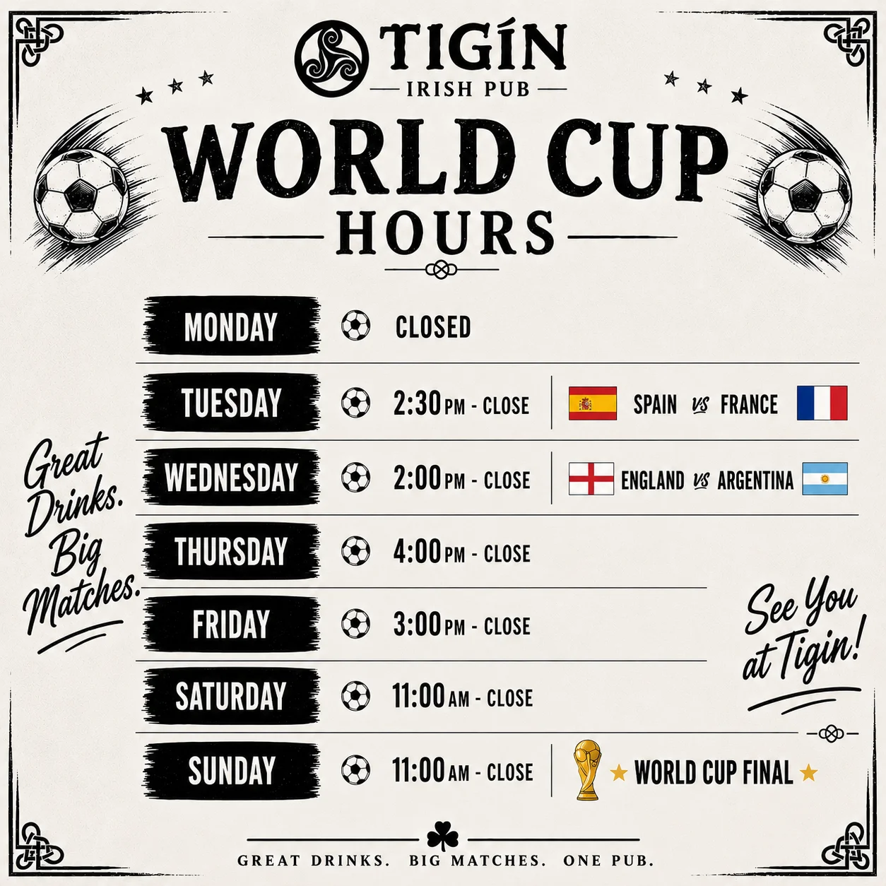 Tigín Irish Pub World Cup hours schedule