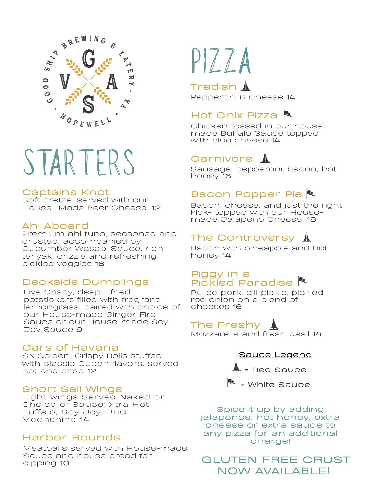 Menu featuring diverse starters and pizzas at a brewery eatery