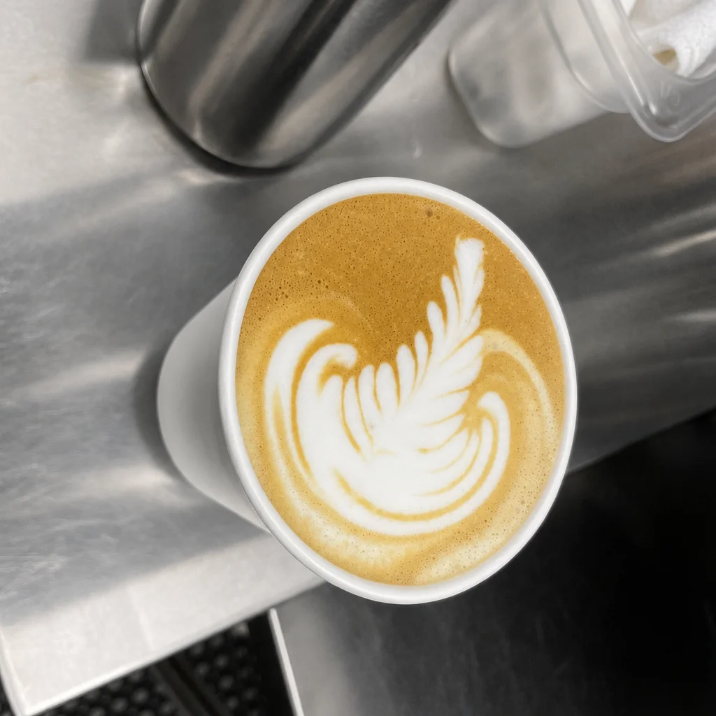 Artfully crafted latte with intricate foam design