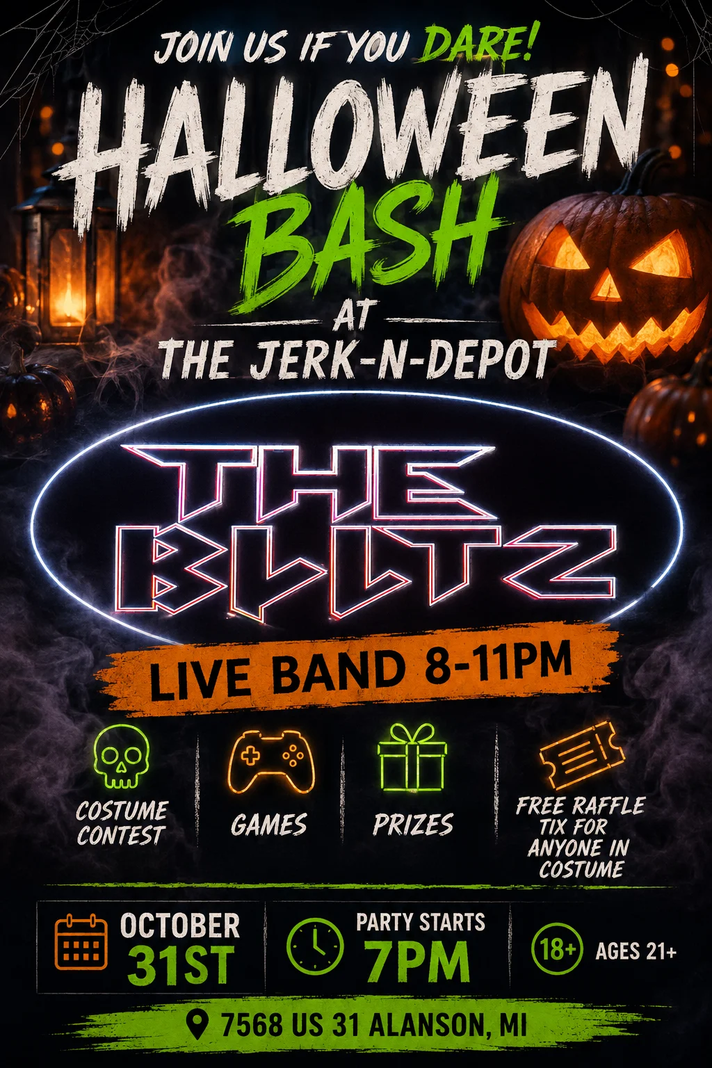 Halloween Bash event poster with jack-o'-lanterns, neon graphics, and live band details
