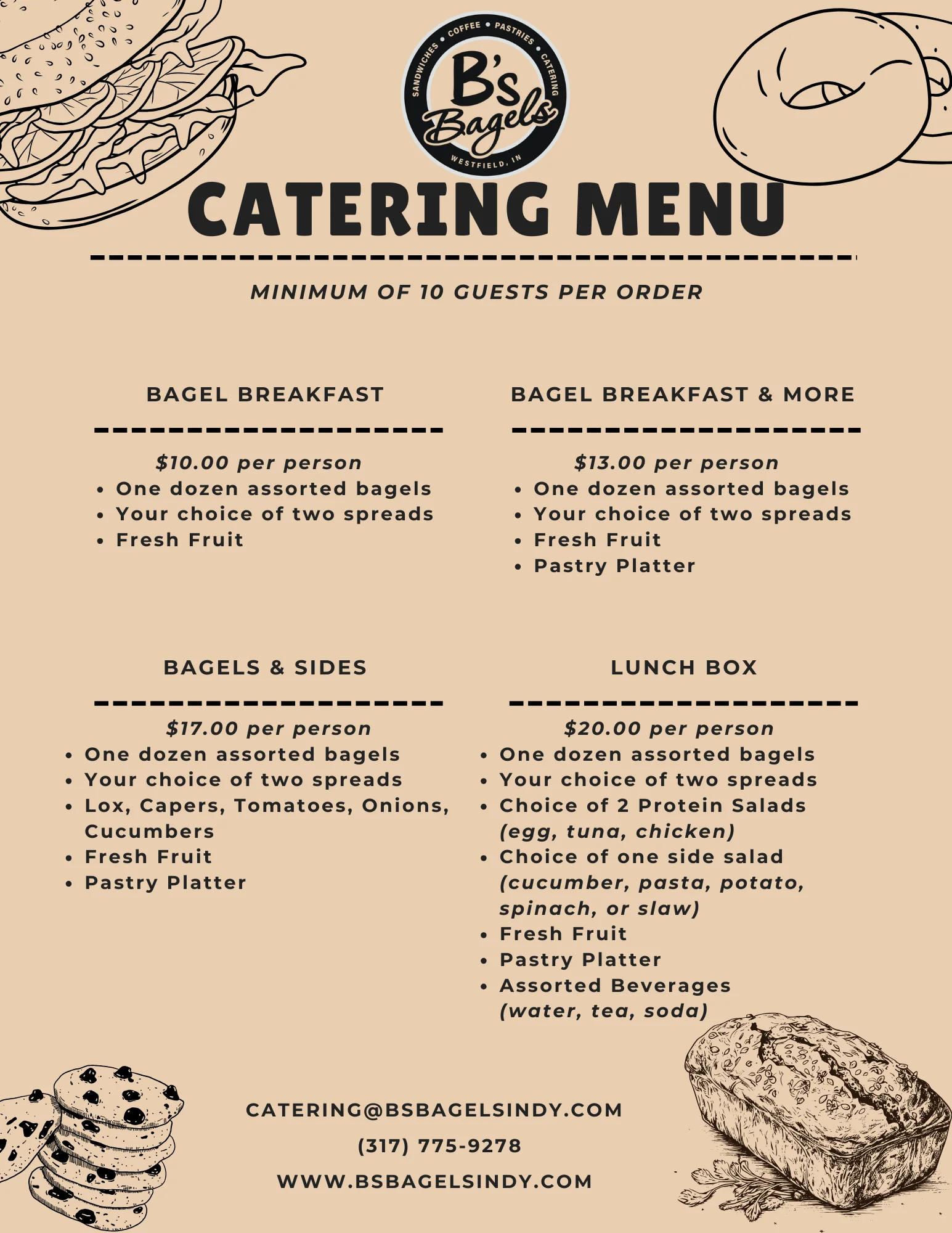 Catering menu for assorted bagels and breakfast options