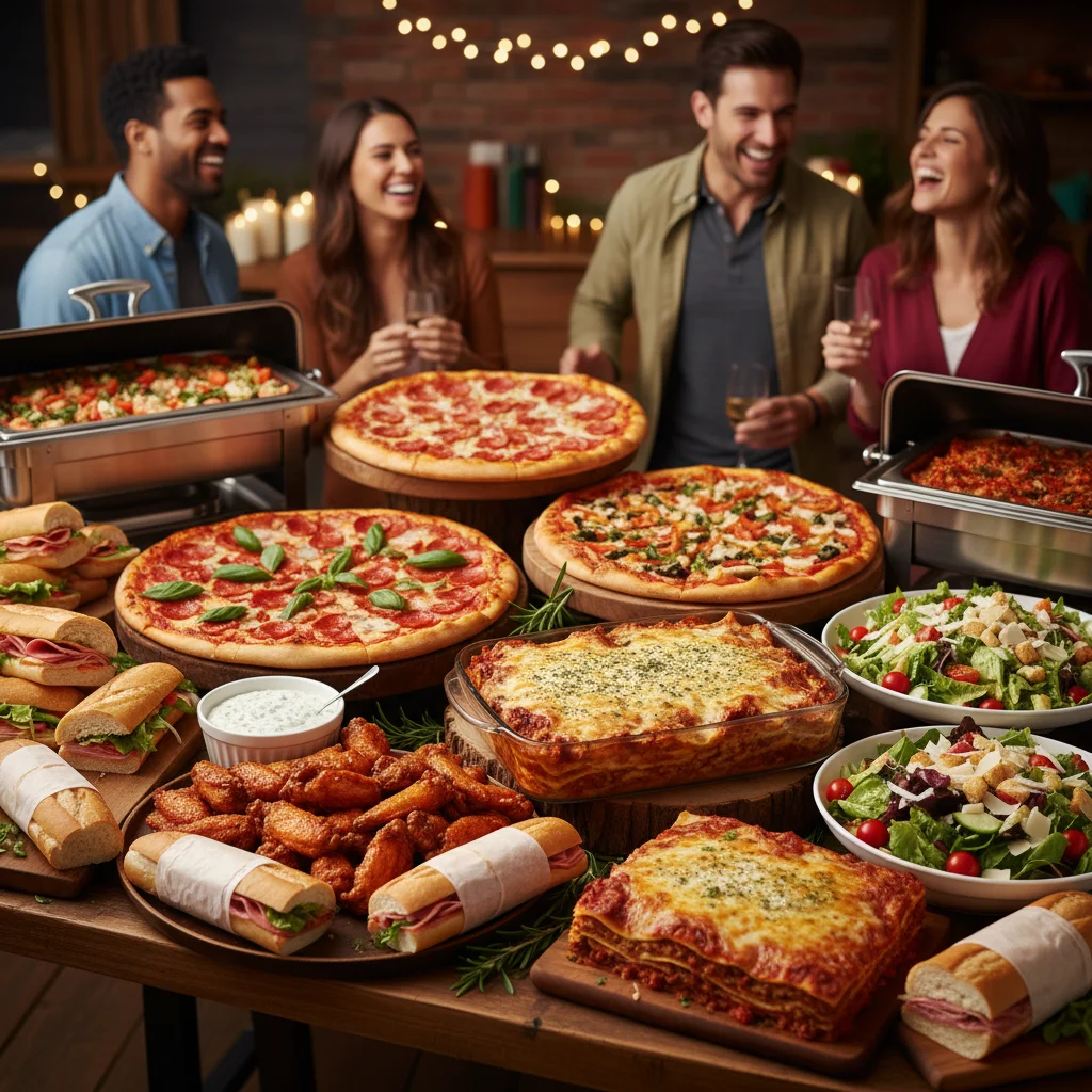 Assorted Italian dishes including pizza and lasagna at a festive gathering