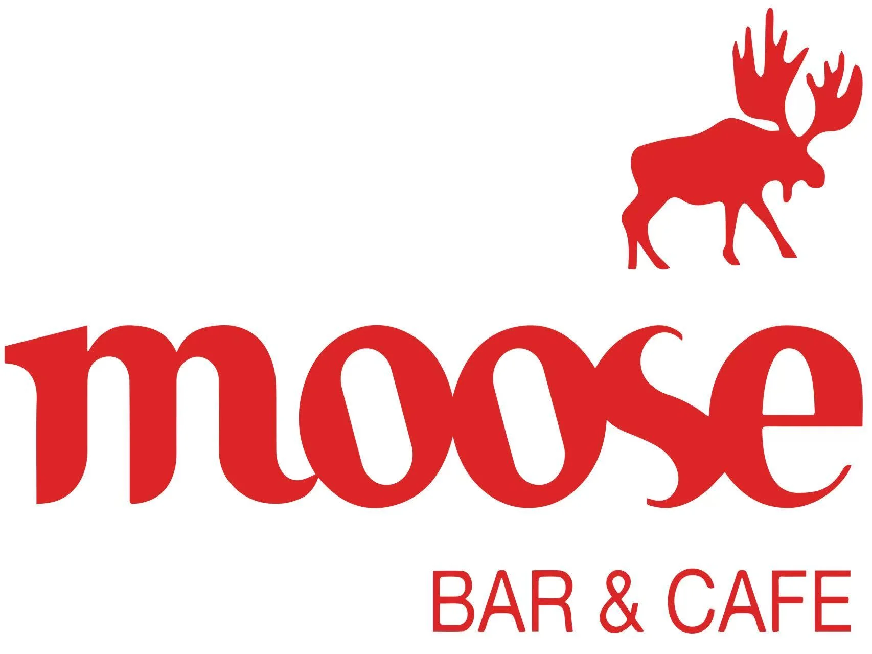 A logo featuring the word 'moose' in bold red letters, accompanied by a silhouette of a moose in the same color, indicating a bar and café.