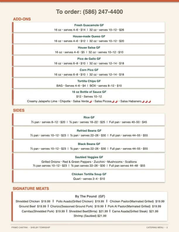 Mexican catering menu featuring guacamole, salsa, rice, beans, and signature meats