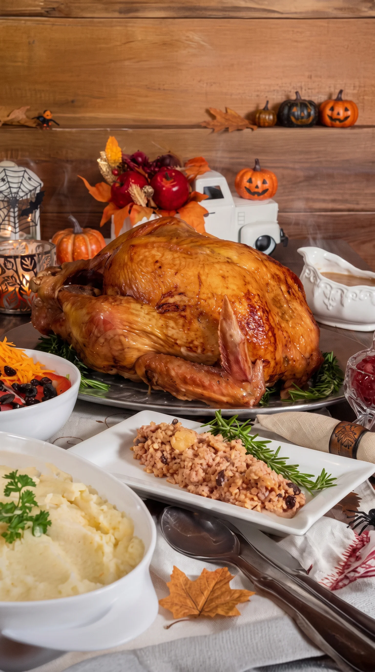 A beautifully roasted turkey served on a platter, surrounded by various side dishes including mashed potatoes, stuffing, and a colorful garnish.