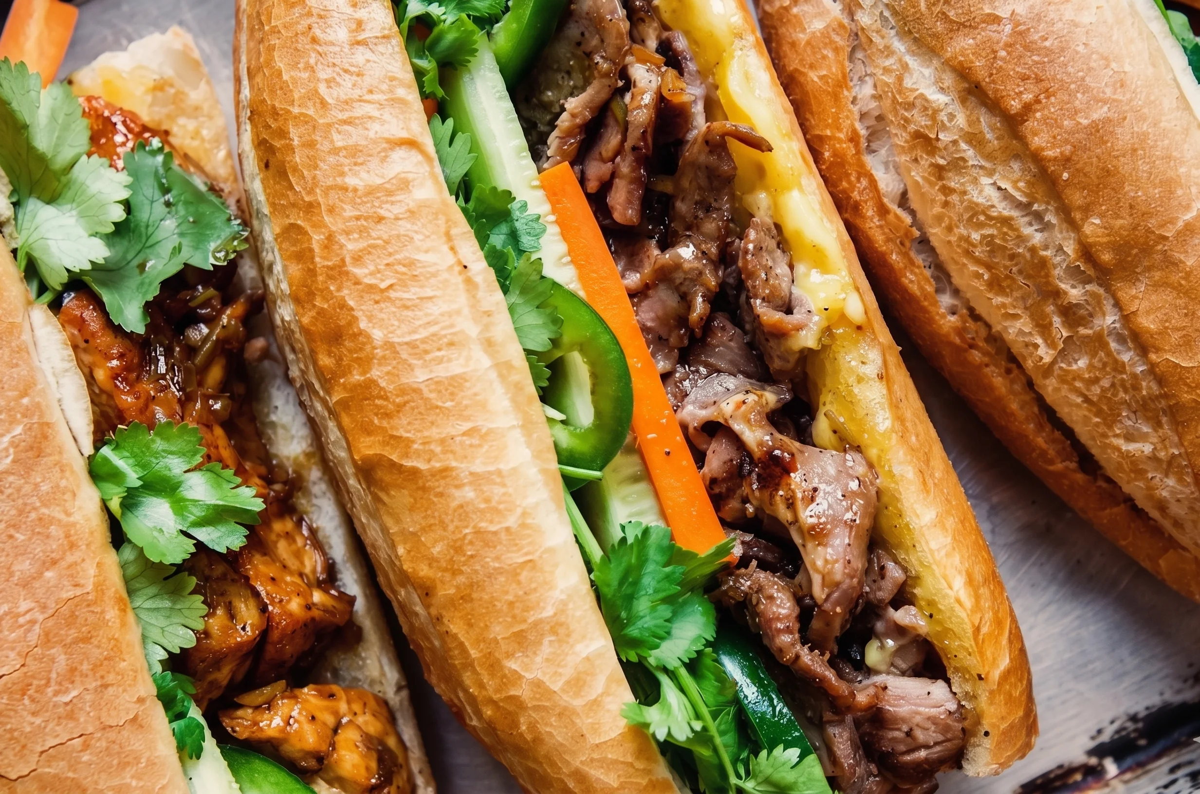 Vietnamese banh mi sandwiches with grilled meats and fresh herbs